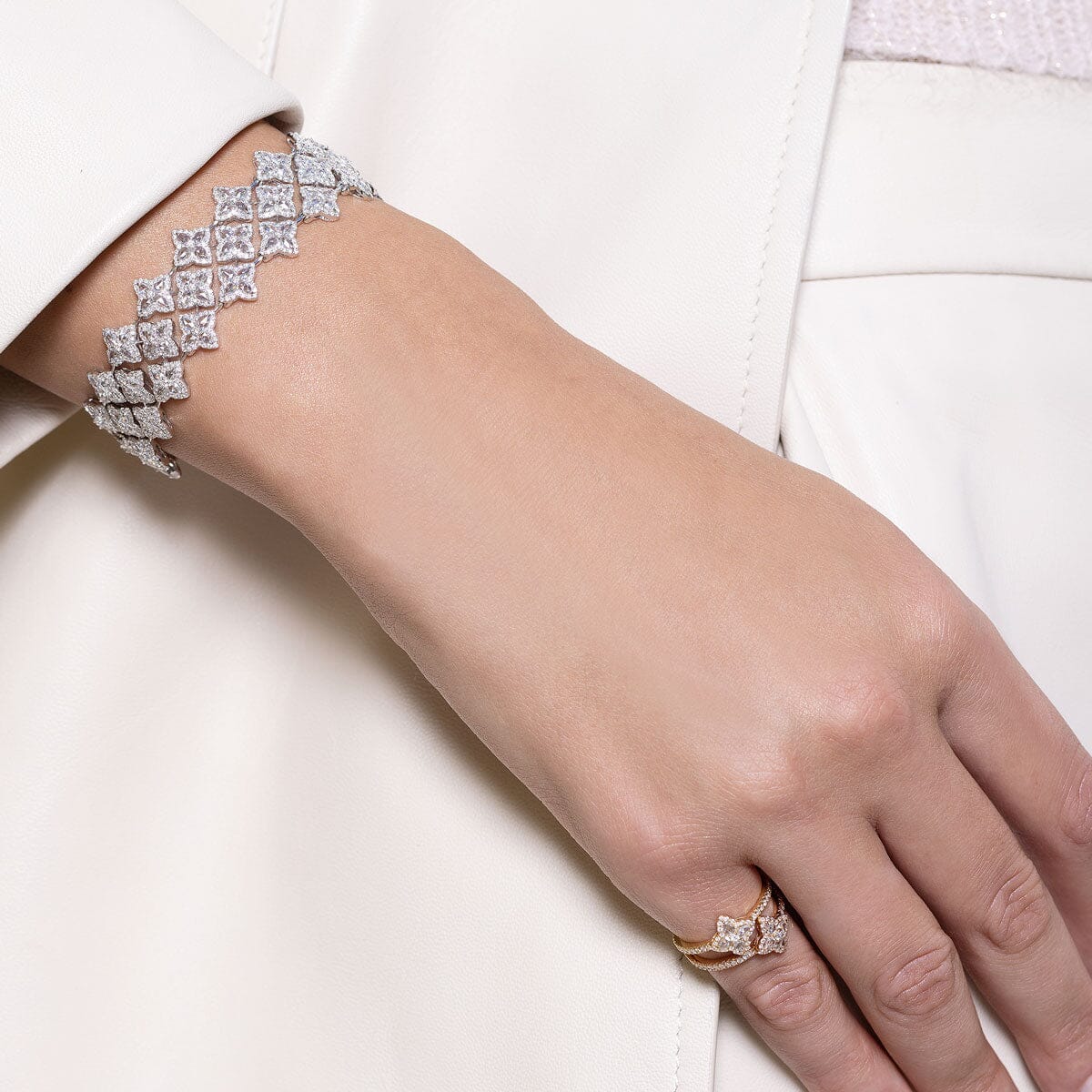 Image of 64facets Diamond Blossom Tennis Bracelet made with rose-cut diamonds and set in 18k gold